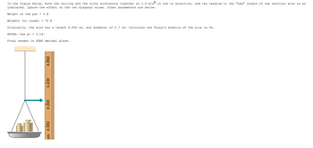 In the figure below, both the ceiling and the ruler accelerate together at 1.6 m/s2 in the +y direction, and the reading to the "new" length of the vertical wire is as
indicated. Ignore the effect on the two diagonal wires. Other parameters are below:
Weight of the pan = 5 N
Weights (or loads) = 74 N
Originally, the wire has a length 0.200 cm, and diameter of 2.7 cm. Calculate the Young's modulus of the wire in Pa.
NOTES: Use pi = 3.14.
Final answer in ZERO decimal place.
4.000
4.100
4.200
4.300
cm