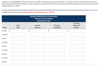 Larkspur Co. sells $399,000 of 12% bonds on June 1, 2020. The bonds pay interest on December 1 and June 1. The due date of the bonds is June 1,
2024. The bonds yield 8%. On October 1, 2021, Larkspur buys back $119,700 worth of bonds for $126,700 (includes accrued interest). Give entries
through December 1, 2022.
Prepare a bond amortization schedule using the effective-interest method for discount and premium amortization. Amortize premium or discount
on interest dates and at year-end. (Round answers to O decimal places, e.g. 38,548.)
Date
6/1/20
12/1/20
6/1/21
12/1/21
6/1/22
12/1/22
6/1/23
12/1/23
6/1/24
$
Cash
Paid
$
Schedule of Bond Discount Amortization
Effective-Interest Method
Bonds Sold to Yield
Interest
Expense
$
Premium
Amortized
$
Carrying
Amount of
Bonds