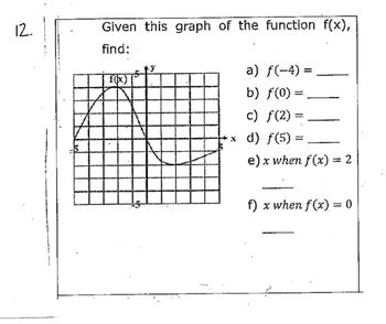 12.
Given this graph of the function f(x),
find:
f(x)
a) f(-4)=
b) f(0) =
c) f(2)
d) ƒ(5) =
e) x when f(x) = 2
=
f) x when f(x) = 0