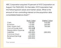 ABC Corporation acquired 70 percent of XYZ Corporation on
August 1 for P420,000. On that date, XYZ Corporation had
the following book values and market values. What is the
amount of non-controlling interest on the acquisition date
consolidated balance sheet? *
Book Value
P40,000
170,000
Market Value
P40,000
230,000
700,000
Cash
Inventory
Plant Assets (net)
Cost of Goods Sold
620,000
220,000|
60,000
Depreciation Expense
Liabilities
(300,000)
(10,000)
(450,000)
(350,000)
(300,000)
Common Stock
Retained Earnings
Sales
Your answer
