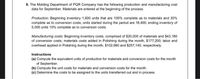 8. The Molding Department of PQR Company has the following production and manufacturing cost
data for September. Materials are entered at the beginning of the process.
Production: Beginning inventory 1,600 units that are 100% complete as to materials and 30%
complete as to conversion costs; units started during the period are 18,400; ending inventory of
5,000 units 10% complete as to conversion costs.
Manufacturing costs: Beginning inventory costs, comprised of $20,000 of materials and $43,180
of conversion costs; materials costs added in Polishing during the month, $177,200; labor and
overhead applied in Polishing during the month, $102,680 and $257,140, respectively.
Instructions
(a) Compute the equivalent units of production for materials and conversion costs for the month
of September.
(b) Compute the unit costs for materials and conversion costs for the month.
(c) Determine the costs to be assigned to the units transferred out and in process.
