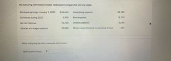 The following information relates to Blossom Company for the year 2022.
Retained earnings, January 1, 2022
Dividends during 2022
Service revenue
Salaries and wages expense
$56,640
Net income/(loss) $
5,900
73,750
33,040
After analyzing the data, compute net income.
Advertising expense
Rent expense
Utilities expense
Other comprehensive income (net of tax)
$2,120
12,270
3,660
470