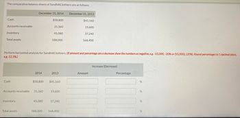 The comparative balance sheets of SandhillClothiers are as follows:
Cash
Accounts receivable
Inventory
Total assets
Cash
December 31, 2014
$58,800
31,360
45,080
Inventory
Total assets
Perform horizontal analysis for SandhillClothiers. (If amount and percentage are a decrease show the numbers as negative, e.g. -55,000, -20% or (55,000), (20%). Round percentages to 1 decimal place,
eg. 12.1%)
2014
Accounts receivable 31,360
$58,800
588,000
45,080
2013
$41,160
19,600
37,240
December 31, 2013
$41,160
19,600
588,000 568,400
37,240
568,400
Amount
Increase (Decrease)
Percentage
%
%
%
%