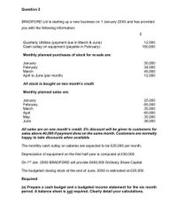 Question 2
BRADFORD Ltd is starting up a new business on 1 January 20X0 and has provided
you with the following information:
Quarterly Utilities (payment due in March & June)
Cash outlay on equipment (payable in February)
12,000
150,000
Monthly planned purchases of stock for re-sale are:
January
February
March
30,000
34,000
45,000
12,000
April to June (per month)
All stock is bought on two month's credit
Monthly planned sales are:
January
February
March
25,000
65,000
35,000
60,000
35,000
38,000
April
May
June
All sales are on one month's credit. 5% discount will be given to customers for
sales above 40,000 if payment done on the same month. Customers are normally
happy to take discounts when available.
The monthly cash outlay on salaries are expected to be £25,000 per month.
Depreciation of equipment on the first half year is computed at £50,000.
On 1st Jan. 20XO BRADFORD will provide £400,000 Ordinary Share Capital.
The budgeted closing stock at the end of June, 20X0 is estimated at £20,000.
Required:
(a) Prepare a cash budget and a budgeted income statement for the six month
period. A balance sheet is not required. Clearly detail your calculations.
