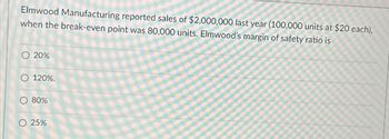 Elmwood Manufacturing reported sales of $2,000,000 last year (100,000 units at $20 each),
when the break-even point was 80,000 units. Elmwood's margin of safety ratio is
20%
O 120%.
80%
O
25%