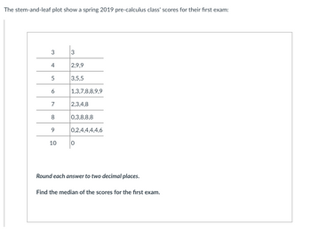 The stem-and-leaf plot show a spring 2019 pre-calculus class' scores for their first exam:
3
3
4
2,9,9
5
3,5,5
6
1,3,7,8,8,9,9
7
2,3,4,8
8
0,3,8,8,8
9
0,2,4,4,4,4,6
10
O
Round each answer to two decimal places.
Find the median of the scores for the first exam.