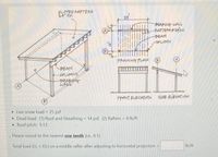 ELOPED HAFTERG
24
BEAHING HALL
-RAFTBNS@ 24'ae.
-BBAM
COLIMN
FFAMING PLAN
BEAM
-COLUMNS
-DEAHNGT
WALL"
FRONT BLEVATION SIDE BLEVATION
• Live snow load = 25 psf
• Dead load: (1) Roof and Sheathing 14 psf, (2) Rafters = 4 lb/ft
• Roof pitch: 5:12
%3!
Please round to the nearest one tenth (i.e., 0.1).
Total load (LL + DL) on a middle rafter after adjusting to horizontal projection
Ib/ft
