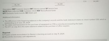 $5,750
$8,800
Description DEP Customer deposit INT Interest earned SF Service fees
NOTE Note collected CHK Customer check NSF Nonsufficient funds
EFT Electronic funds transfer DC Debit card
Additional information:
7/31
a. The difference in the beginning balances in the company's records and the bank statement relates to check number 530, which is
outstanding as of June 30, 2024.
b. The debit card transaction for the purchase of equipment on 7/19 is correctly processed by the bank.
c. The EFT on July 26 in the bank statement relates to the purchase of office supplies.
Required:
1. Prepare a bank reconciliation for Ravine's checking account on July 31, 2024.
2. Record the necessary cash adjustments.
$4,650