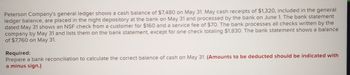 Peterson Company's general ledger shows a cash balance of $7,480 on May 31. May cash receipts of $1,320, included in the general
ledger balance, are placed in the night depository at the bank on May 31 and processed by the bank on June 1. The bank statement
dated May 31 shows an NSF check from a customer for $160 and a service fee of $70. The bank processes all checks written by the
company by May 31 and lists them on the bank statement, except for one check totaling $1,830. The bank statement shows a balance
of $7,760 on May 31.
Required:
Prepare a bank reconciliation to calculate the correct balance of cash on May 31. (Amounts to be deducted should be indicated with
a minus sign.)