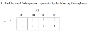 1. Find the simplified expression represented by the following Karnaugh map.
C
0
1
00
1
1
01
1
1
AB
11
0
0
10
0
1