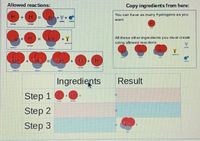 Allowed reactions:
Copy ingredients from here:
You can have as many hydrogens as you
H+V+e
want
+H =
He+Y
All these other ingre dients you must create
using allowed reactions:
Ne
He
+.
Ingredients
Result
Step 1 0
Step 2
Step 3
