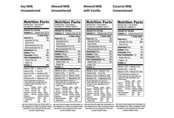 Soy Milk
Unsweetened
Almond Milk
Unsweetened
Almond Milk
with Vanilla
Coconut Milk
Unsweetened
Amount Per Serving
Calories 30 Calories from Fat 25
% Daily Value*
% Daily Value*
Nutrition Facts
Serving Size 1 Cup (240mL)
Servings Per Container 8
Amount Per Serving
Calories 80 Calories from Fat 35
Nutrition Facts
Serving Size 1 Cup (240mL)
Servings Per Container About 8
Nutrition Facts
Serving Size 1 Cup (240mL)
Servings Per Container About 8
Amount Per Serving
Calories 80 Calories from Fat 25
% Daily Value*
Nutrition Facts
Serving Size 1 Cup (240mL)
Servings Per Container 8
Amount Per Serving
Calories 45 Calories from Fat 40
% Daily Value*
Total Fat 4g
6%
Total Fat 2.5g
4%
Total Fat 2.5g
3%
Total Fat 4g
7%
Saturated Fat 0.5g
3%
Saturated Fat 0g
0%
Saturated Fat Og
0%
Saturated Fat 3.5g
19%
Trans Fat 0g
Trans Fat 0g
Trans Fat 0g
Trans Fat 0g
Polyunsaturated Fat 2.5g
Polyunsaturated Fat 0.5g
Polyunsaturated Fat 0.5g
Monounsaturated Fat 1g
Cholesterol Omg
0%
Monounsaturated Fat 1.5g
Monounsaturated Fat 1.5g
Cholesterol Omg
0%
Sodium 35mg
1%
Cholesterol Omg
0%
Cholesterol Omg
0%
Sodium 75mg
3%
Potassium 40mg
1%
Sodium 125mg
5%
Sodium 125mg
5%
Potassium 350mg
10%
Total Carbohydrate <1g
0%
Total Carbohydrate 4g
Potassium 35mg
1%
Potassium 35mg
1%
1%
Dietary Fiber 0g
0%
Dietary Fiber 2g
7%
Total Carbohydrate 19
0%
Total Carbohydrate 14g
5%
Sugars <1g
Dietary Fiber <1g
2%
Dietary Fiber <1g
2%
Sugars 1g
Protein Og
Protein 7g
14%
Sugars Og
Sugars 13g
Protein 1g
Protein 1g
Vitamin A 10%
Vitamin C 0%
Calcium 30%
Iron 6%
Vitamin A 10%
Vitamin C 0%
Vitamin A 10%
Vitamin A 10%
Calcium 45%
Vitamin D 25%
Vitamin C 0%
Iron 2%
Vitamin D 30%
Folate 15%
Riboflavin 30%
Calcium 45%
Iron 2%
Phosphorus 8%
Vitamin B12 50%
Magnesium 10%
Vitamin D 25%
*Percent Daily Values are based on a
2,000 calorie diet. Your daily values may
be higher or lower depending on your
2,500
80g
25g
Riboflavin 4%
Vitamin E 20%
Magnesium 4%
*Percent Daily Values are based on a
2,000 calorie diet. Your daily values may
be higher or lower depending on your
calorie needs:
Calories: 2,000
Less than 65g
Sat Fat Less than 20g
calorie needs:
Calories: 2,000
Total Fat Less than 65g
Sat Fat Less than 20g
Cholesterol Less than 300mg 300mg
Total Fat
Sodium Less than 2,400mg 2,400mg
Potassium
3,500mg 3,500mg
Total Carbohydrate
300g 375g
Dietary Fiber
Protein
25g
30g
50g
65g
We work hard to keep the information on
this website up-to-date, but please check
the label on your product for the most
current nutrition facts.
2,500
80g
25g
Cholesterol Less than 300mg 300mg
Sodium Less than 2,400mg 2,400mg
Potassium
Total Carbohydrate
Dietary Fiber
3,500mg 3,500mg
300g 375g
25g
30g
We work hard to keep the information on
this website up-to-date, but please check
the label on your product for the most
current nutrition facts.
Vitamin C 0%
Iron 2%
Vitamin E 20%
Magnesium 4%
Calcium 45%
Vitamin D 25%
Riboflavin 4%
*Percent Daily Values are based on a
2,000 calorie diet. Your daily values may
be higher or lower depending on your
calorie needs:
Calories: 2,000 2,500
Total Fat Less than 65g
80g
Sat Fat Less than 20g 25g
Cholesterol Less than 300mg 300mg
Sodium Less than 2,400mg 2,400mg
3,500mg 3,500mg
Potassium
Total Carbohydrate
Dietary Fiber
300g
25g
375g
309
We work hard to keep the information on
this website up-to-date, but please check
the label on your product for the most
current nutrition facts.
Vitamin B12 50%
"Percent Daily Values are based on a
2,000 calorie diet. Your daily values may
be higher or lower depending on your
calorie needs:
Calories: 2,000 2,500
Total Fat Less than 65g 80g
Sat Fat Less than 20g 25g
Cholesterol Less than 300mg 300mg
Sodium Less than 2,400mg 2,400mg
Potassium
3,500mg 3,500mg
Total Carbohydrate 300g
Dietary Fiber 25g
375g
30g
We work hard to keep the information on
this website up-to-date, but please check
the label on your product for the most
current nutrition facts.