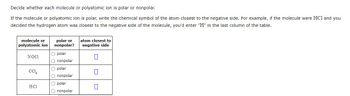 Decide whether each molecule or polyatomic ion is polar or nonpolar.
If the molecule or polyatomic ion is polar, write the chemical symbol of the atom closest to the negative side. For example, if the molecule were HC1 and you
decided the hydrogen atom was closest to the negative side of the molecule, you'd enter "H" in the last column of the table.
molecule or
polyatomic ion
NOCI
CC14
HC1
polar or
nonpolar?
O polar
O nonpolar
Opolar
O nonpolar
O polar
O nonpolar
atom closest to
negative side
7