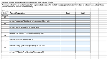 Journalize Johnson Company's inventory transactions using the FIFO method.
(Always use cell references and formulas where appropriate to receive full credit. If you copy/paste from the Instructions or Enteranswers 1 tabs or if
type the numbers in, you will be marked wrong.)
FIFO method:
Date
January
03
Account/Explanation
Debit
Credit
you
| to record purchase of 3,000 units of inventory at $5 per unit.
06
to record sale of 2,750 units at $10 per unit.
to record FIFO cost of 2,750 units of inventory sold.
15
22
| to record purchase of 5,000 units at $6.
|to record sale of 4,500 units of inventory at $10 each.
22
to record FIFO cost of 4,500 units of inventory sold.