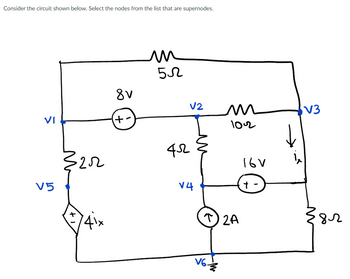 Consider the circuit shown below. Select the nodes from the list that are supernodes.
VI
V5
32.522
4ix
8V
+
522
V2
4522
V4
M
V6-
102
(T2A
16V
↳
V3
382