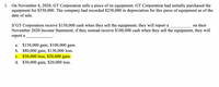 ### Example: Sale of Equipment and Reporting Gains or Losses

On November 4, 2020, GT Corporation sells a piece of its equipment. GT Corporation had initially purchased the equipment for $350,000. The company had recorded $230,000 in depreciation for this piece of equipment as of the date of sale.

**Scenario Analysis:**

1. **If GT Corporation receives $150,000 cash when they sell the equipment, they will report a _________ on their November 2020 Income Statement.** 
2. **If they instead receive $100,000 cash when they sell the equipment, they will report a _________.**

**Answer Choices:**

- a. $150,000 gain; $100,000 gain.
- b. $80,000 gain; $130,000 loss.
- c. $30,000 loss; $20,000 gain. *(Highlighted Option)*
- d. $30,000 gain; $20,000 loss.

**Correct Analysis:**

- Receiving $150,000 in cash results in a $30,000 loss.
- Receiving $100,000 in cash results in a $20,000 gain.