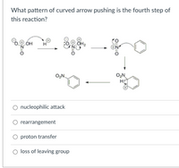 What pattern of curved arrow pushing is the fourth step of
this reaction?
OH
O,N.
O,N
nucleophilic attack
O rearrangement
O proton transfer
loss of leaving group
