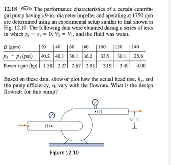 12.18 WEY The performance characteristics of a certain centrifu-
gal pump having a 9-in.-diameter impeller and operating at 1750 rpm
are determined using an experimental setup similar to that shown in
Fig. 12.10. The following data were obtained during a series of tests
in which z₂ Z₁ = 0, V₂ = V₁, and the fluid was water.
Q (gpm)
20 40 60 80 100 120 140
25.8
P2 - P₁ (psi) 40.2 40.1 38.1 36.2 33.5 30.1
Power input (hp) 1.58 2.27 2.67 2.95 3.19 3.49 4.00
Based on these data, show or plot how the actual head rise, ha, and
the pump efficiency, n, vary with the flowrate. What is the design
flowrate for this pump?
(1).
Figure 12.10
(2)
22-21
1