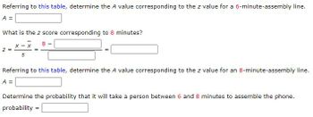 Referring to this table, determine the A value corresponding to the z value for a 6-minute-assembly line.
A =
What is the z score corresponding to 8 minutes?
8-
z =
X-X
S
=
Referring to this table, determine the A value corresponding to the z value for an 8-minute-assembly line.
A =
Determine the probability that it will take a person between 6 and 8 minutes to assemble the phone.
probability
=