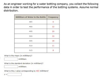 As an engineer working for a water bottling company, you collect the following
data in order to test the performance of the bottling systems. Assume normal
distribution.
Milliliters of Water in the Bottle Frequency
485
490
milliliters
495
500
505
510
515
What is the mean (in milliliters)?
milliliters
What is the standard deviation (in milliliters)?
What is the z value corresponding to 490 milliliters?
Z =
6
12
20
33
18
11
00
8