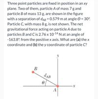 Three point particles are fixed in position in an xy
plane. Two of them, particle A of mass 7 g and
particle B of mass 13 g, are shown in the figure
with a separation of daB = 0.579 m at angle O = 30°.
Particle C, with mass 8 g, is not shown. The net
gravitational force acting on particle A due to
particles B and C is 2.76 x 10 14 N at an angle of
-163.8°. from the positive x axis. What are (a) the x
coordinate and (b) the y coordinate of particle C?
В
dAB
A
