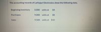 The accounting records of Larkspur Electronics show the following data.
Beginning inventory
3,000 units at
$4
Purchases
9,000 units at
$8
Sales
9,500 units at $10
