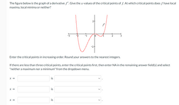 The figure below is the graph of a derivative f'. Give the x-values of the critical points of f. At which critical points does f have local
maxima, local minima or neither?
X =
Enter the critical points in increasing order. Round your answers to the nearest integers.
If there are less than three critical points, enter the critical points first, then enter NA in the remaining answer field(s) and select
"neither a maximum nor a minimum" from the dropdown menu.
X =
X =
is
is
2+
W
-2
is
2