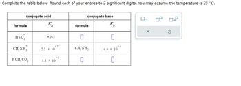 Complete the table below. Round each of your entries to 2 significant digits. You may assume the temperature is 25 °C.
formula
conjugate acid
Ka
formula
conjugate base
Ко
X
HSO4
0.012
-11
CH3NH3
2.3 x 10
CH3NH2
4.4 X 10
-5
HCH3CO2
1.8 × 10
☐