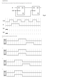 QUESTION 4
Two D fip flaps are connected in Fig 4 with the timing diagrams for input CLK and D.
D
D1
Q1
D2
Q2
CLK
CLK
CLK
Fig 4
CLK
D.
Q1
Q2
Draw the wavaform outputs at 01 and 02
O.
Q1
Q2
Q1
Q2
O.
Q1
Q2
Q1
Q2
la
