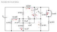 Consider the circuit below.
36 kQ
I
+
6 µF
V2
Vb
+
18 kN<
|I4
| 12 ko
36 mH
I2
V3
Va
10 mH
Ic
8 μF
10 μF E
45 kQ
12 kQ:
V1
22 kOŽ
4 µF
30 kQ
15
12 μF
