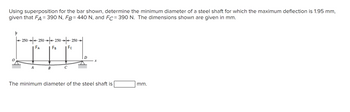 Using superposition for the bar shown, determine the minimum diameter of a steel shaft for which the maximum deflection is 1.95 mm,
given that FA = 390 N, FB = 440 N, and Fc = 390 N. The dimensions shown are given in mm.
250250250250.
FFFFI
FA
FB
Fc
B
C
X
The minimum diameter of the steel shaft is
mm.