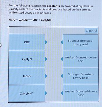 For the following reaction, the reactants are favored at equilibrium.
Classify each of the reactants and products based on their strength
as Bronsted-Lowry acids or bases.
HCIO + C₂H7N CIO + C₂H7NH+
CIO
Clear All
Stronger Bronsted-
Lowry acid
Weaker Bronsted-Lowry
C9H7N
acid
HCIO
Stronger Bronsted-
Lowry base
Weaker Bronsted-Lowry
C9H7NH+
base