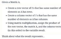 Answered Given a Matrix A Create a row vector bartleby