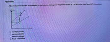 Question 1
A thermodynamics process is represented by the following h-s diagram. The process shown by 1 to 2a is most likely happens in
Enthalpy
O Isentropic nozzle
O Isentropic turbine
O Isentropic diffuser
O Actual compressor
Entropy)