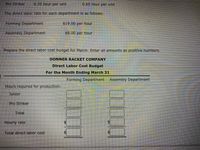 Pro Striker
0.35 hour per unit
0.65 hour per unit
The direct labor rate for each department is as follows:
Forming Department
$19.00 per hour
Assembly Department
$8.00 per hour
Prepare the direct labor cost budget for March. Enter all amounts as positive numbers.
DONNER RACKET COMPANY
Direct Labor Cost Budget
For the Month Ending March 31
Forming Department Assembly Department
Hours required for production:
Junior
Pro Striker
Total
Hourly rate
Total direct labor cost
