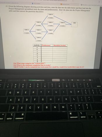 Jacksonville University in Jacksonville, Fla
MYJU Students
Blackboard Learn
14. Given the following diagram showing activities and time, enter the data into the table below and then load into the
Project Management spreadsheet (note the times and predecessors). Enter the data into the Project Management
table and then answer the questions that follow.
I
esc
1
trol
1
Q
A
N
2
W
S
#
3
X
TASK A
1
option command
H
2 weeks
a
E
D
$
4
C
TASK B
R
6 weeks
F
TASK C
4 weeks
TASK D
Activity
a
b
2 weeks
с
d
14a) What steps comprise the "critical path"?
14c) What is the minimum completion time in weeks?
14d) If TASK C can be completed one week sooner for a small fee, would it be worthwhile to pay for it?
e
f
g
h
1-prod-feet01-xythos.content.blackboardcdn.com
%
5
T
G
TASK G
^
6
5 weeks
TASK E
Predecessor
V B
4 weeks
TASK F
3 weeks
Y
N
7
H
Duration (weeks)
U
N
* CO
TASK H
8
2 weeks
J
1
M
(
9
K
-O
0
<
END
I
)
0
L
command
P
Bhttps:/learn-us-east-1-prod-fleet01-xythos.conte
>
:
;
I
{
option
[
+ 11
=
O
11
?
1
}
1
delete
1
\