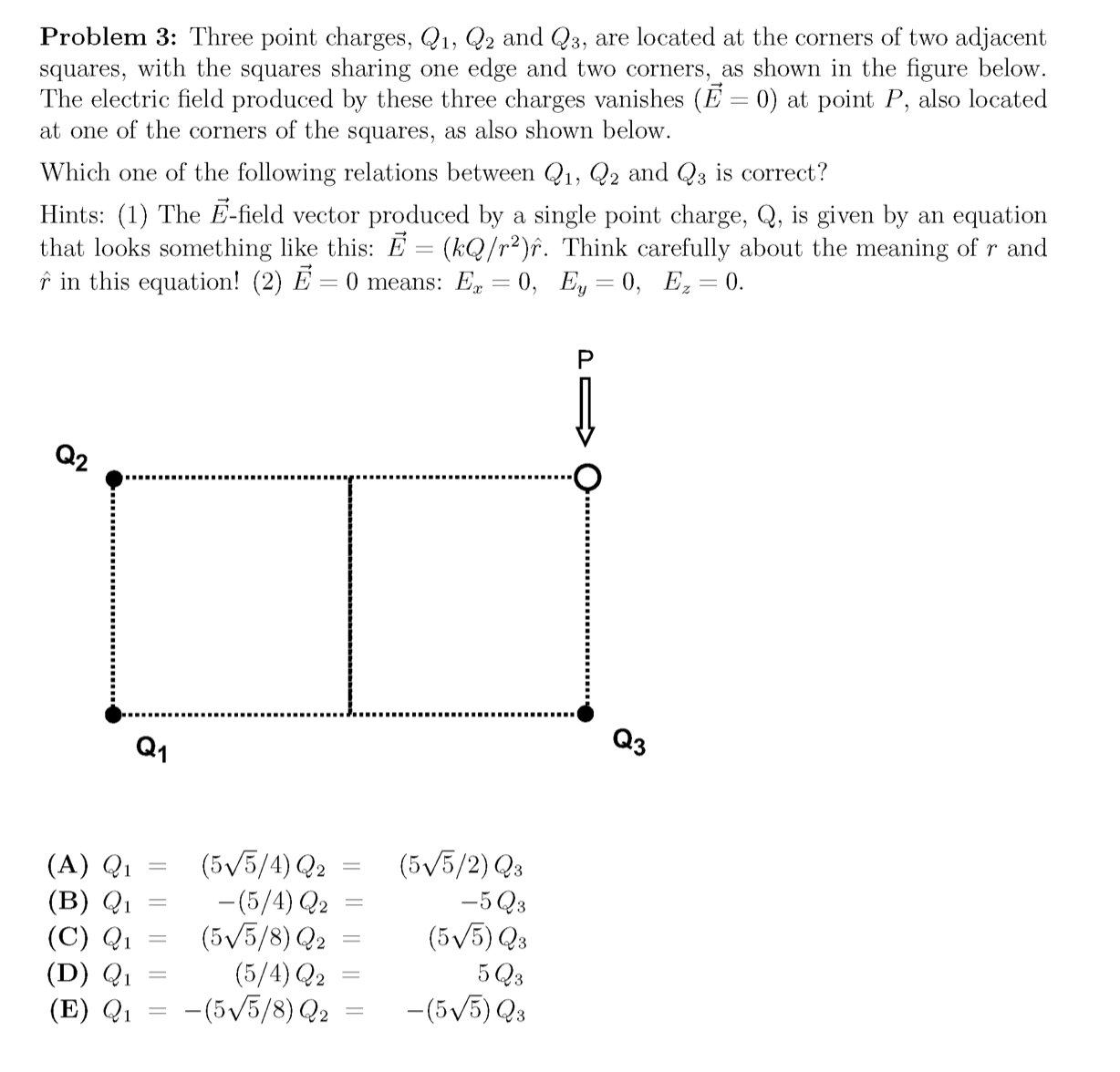 Problem 3: Three point charges, Q1, Q2 and Q3, are located at the corners of two adjacent
squares, with the squares sharing one edge and two corners, as shown in the figure below.
The electric field produced by these three charges vanishes (E = 0) at point P, also located
at one of the corners of the squares, as also shown below.
Which one of the following relations between Q1, Q2 and Q3 is correct?
Hints: (1) The E-field vector produced by a single point charge, Q, is given by an equation
that looks something like this: E = (kQ/r²)f. Think carefully about the meaning of r and
î in this equation! (2) E = 0 means: E = 0, Ey = 0, E, = 0.
Q2
Q1
Qз
(5V5/4) Q2
-(5/4) Q2
(5/5/8) Q2
(5/4) Q2
-(5/5/8) Q2
(5/5/2) Q3
(A) Q1
(B) Q1
(C) Q1
(D) Q1
(E) Q1
-5 Q3
(5V5) Q3
5 Q3
-(5/5) Q3
