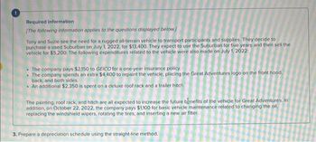 Required information
[The following information applies to the questions displayed below.]
Tony and Suzie see the need for a rugged all-terrain vehicle to transport participants and supplies. They decide to
purchase a used Suburban on July 1, 2022, for $13,400. They expect to use the Suburban for five years and then sell the
vehicle for $5,200. The following expenditures related to the vehicle were also made on July 1, 2022:
The company pays $2,150 to GEICO for a one-year insurance policy.
The company spends an extra $4,400 to repaint the vehicle, placing the Great Adventures logo on the front hood,
back, and both sides.
• An additional $2,350 is spent on a deluxe roof rack and a trailer hitch.
The painting, roof rack, and hitch are all expected to increase the future benefits of the vehicle for Great Adventures. In
addition, on October 22, 2022, the company pays $1,100 for basic vehicle maintenance related to changing the oil,
replacing the windshield wipers, rotating the tires, and inserting a new air filter.
3. Prepare a depreciation schedule using the straight-line method.