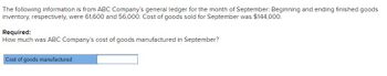 ### Cost of Goods Manufactured Calculation

**Information Provided:**

From ABC Company's general ledger for the month of September:

- **Beginning Finished Goods Inventory:** $61,600
- **Ending Finished Goods Inventory:** $56,000
- **Cost of Goods Sold for September:** $144,000

**Required:**

Determine the cost of goods manufactured by ABC Company for the month of September.

#### Formula to Use:

\[ \text{Cost of goods sold} = \text{Beginning finished goods inventory} + \text{Cost of goods manufactured} - \text{Ending finished goods inventory} \]

#### Steps:

1. Start with the cost of goods sold for September, which is $144,000.
2. Add the ending finished goods inventory: $144,000 + $56,000 = $200,000.
3. Subtract the beginning finished goods inventory from the total: $200,000 - $61,600 = $138,400.

Thus, the cost of goods manufactured for September is calculated to be **$138,400**.

#### Output Box:

Below the calculation is a highlight box visually indicating where the answer should be placed:

- **Cost of goods manufactured:** `__138,400__`