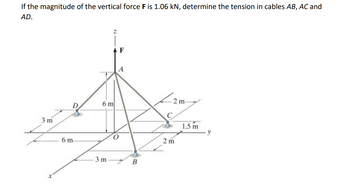 ### Determining Tension in Cables AB, AC, and AD

#### Problem Statement:
If the magnitude of the vertical force \( F \) is 1.06 kN, determine the tension in cables AB, AC, and AD.

#### Diagram Explanation:

The provided diagram is a 3-dimensional representation of a structural system involving a vertical force \( F \) and four cables, denoted as AB, AC, AD, and AO. The origin \( O \) is located at the ground level, directly below the point where the vertical force \( F \) of 1.06 kN is applied.

1. **Coordinate System**:
   - The origin \( O \) is at the intersection of the x, y, and z axes.
   - The positive z-axis points upward.

2. **Positions of Anchoring Points**:
   - Point \( A \) is located vertically above the origin, at a height of 6 meters on the z-axis.
   - Points \( B, C \), and \( D \) are the ground anchoring points of the respective cables.
     - \( B \) is located 3 meters along the negative x-axis and 3 meters along the negative y-axis from \( O \).
     - \( C \) is located 2 meters along the negative x-axis and 1.5 meters along the positive y-axis from \( O \).
     - \( D \) is located 3 meters along the positive x-axis and 6 meters along the positive y-axis from \( O \).

3. **Cables**:
   - **Cable AB**: Stretches from point \( A \) to ground point \( B \).
   - **Cable AC**: Stretches from point \( A \) to ground point \( C \).
   - **Cable AD**: Stretches from point \( A \) to ground point \( D \).

To solve for the tensions in cables AB, AC, and AD, it is essential to use static equilibrium principles, where the sum of forces in all three dimensions (x, y, z) must equal zero.

**Note**: Vector and trigonometric methods will typically be required to resolve the forces in each of the cables and find the tensions accurately.

This example is commonly used in engineering education to teach the principles of static equilibrium and vector resolution of forces.