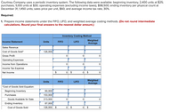 Courtney Company employs a periodic inventory system. The relevant data includes the following: 

- Beginning inventory: 2,400 units at $25 each
- Purchases: 5,100 units at $30 each
- Operating expenses (excluding income taxes): $98,500
- Ending inventory (physical count as of December 31): 1,450 units
- Sales price per unit: $60
- Average income tax rate: 30%

**Requirement:**

1. Prepare income statements using the FIFO, LIFO, and weighted average costing methods. Ensure not to round intermediate calculations. Final answers should be rounded to the nearest dollar amount.

**Inventory Costing Method Table:**

| **Income Statement**       | **Units** | **FIFO** | **LIFO** | **Weighted Average** |
|----------------------------|-----------|----------|----------|----------------------|
| Sales Revenue              |           |          |          |                      |
| Cost of Goods Sold*        | 126,000   |          |          |                      |
| Gross Profit               | 0         | 0        | 0        |                      |
| Operating Expenses         |           |          |          |                      |
| Income from Operations     | 0         | 0        | 0        |                      |
| Income Tax Expense         |           |          |          |                      |
| Net Income                 | $0        | $0       | $0       |                      |

**Cost of Goods Sold Equation:**

| **Units**                  | **FIFO** | **LIFO** | **Weighted Average** |
|----------------------------|----------|----------|----------------------|
| Beginning Inventory        | 60,000   |          |                      |
| Purchases                  | 153,000  |          |                      |
| Goods Available for Sale   | 213,000  |          |                      |
| Ending Inventory           | 87,000   |          |                      |
| Cost of Goods Sold         | 126,000  |          |                      |

- The values for "LIFO" and "Weighted Average" methods are not filled in the table.
- A detailed explanation of each method is needed for completion.