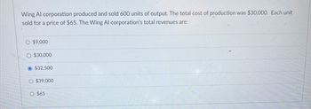 Wing Al corporation produced and sold 600 units of output. The total cost of production was $30,000. Each unit
sold for a price of $65. The Wing Al corporation's total revenues are:
O $9,000
O $30,000
$32,500
O $39,000
O $65