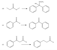 The image displays a series of chemical reactions represented by reaction schemes, outlining transformation processes between organic compounds. 

**(d)** This section illustrates a chemical reaction where an ethyl acetate (ethyl ethanoate) is transformed into a hydroxy compound containing two benzene rings. The left molecule is shown with an ester group, and the right product is characterized by the addition of an ethyl group and a hydroxyl group between the benzene rings.

**(e)** This part of the diagram shows benzaldehyde (an aldehyde with a benzene ring) being converted into another compound with two benzene rings connected by a carbonyl group. The reaction implies a structural change from an aldehyde group to a ketone.

**(f)** The final section depicts a diketone being converted into an aldehyde compound possessing a benzene ring. The initial structure has two carbonyl groups flanking a methylene group, and the resulting structure contains a simple carbon chain with an aldehyde group attached to the benzene ring.

These reaction schemes demonstrate the transformation of functional groups and the reorganization of molecular structures typical in organic synthesis processes.