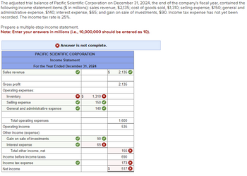 The adjusted trial balance of Pacific Scientific Corporation on December 31, 2024, the end of the company's fiscal year, contained the
following income statement items ($ in millions): sales revenue, $2,135; cost of goods sold, $1,310; selling expense, $150; general and
administrative expense, $140; interest expense, $65; and gain on sale of investments, $90. Income tax expense has not yet been
recorded. The income tax rate is 25%.
Prepare a multiple-step income statement.
Note: Enter your answers in millions (i.e., 10,000,000 should be entered as 10).
Sales revenue
PACIFIC SCIENTIFIC CORPORATION
Income Statement
For the Year Ended December 31, 2024
Gross profit
Operating expenses:
Answer is not complete.
Inventory
Selling expense
General and administrative expense
Total operating expenses
Operating income
Other income (expense):
Gain on sale of investments
Interest expense
Total other income, net
Income before income taxes
Income tax expense
Net income
1,310
150
140
90
65 X
69
2,135
2,135
1,600
535
155
690
173 X
517 X