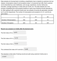 Data analysts at Universal bank is building a classification tree to classify its customers into two
classes: nonacceptors (class 0) and acceptors (class 1) of personal loan offer. Each customer
can be described by a set of attributes, such as age, experience, income, family size,
education, average spending on credit cards per month, etc. The data analysts are in the
process of identifying the most powerful predictor to split a set of training records (denoted by
A). After splitting A with customer's family size, two subsets of records are generated, denoted
by A1 and A2 respectively. The number of nonacceptors and acceptors in A, A1, and A2 are
given below.
А
A1
A2
Number of Nonacceptors
352
340
12
Number of Acceptors
223
36
187
Round your answers to 3 digits after the decimal point.
The Gini index of A is 0.475
The Gini index of A1 is 0.173
The Gini index of A2 is 0.113
The combined Gini index of A1 and A2 is 0.648
The reduction in Gini index if training records are split using customer's family size is
-1.4147
