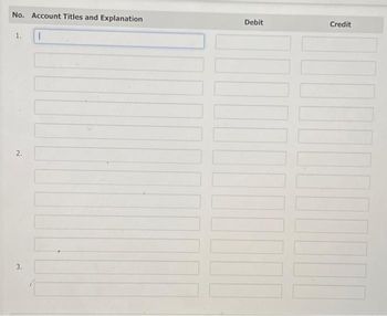 No. Account Titles and Explanation
1
2.
3.
Debit
Credit