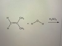 This image illustrates a chemical reaction involving the molecules propene and methanol in the presence of sulfuric acid as a catalyst.

**Reactants:**
1. **Propene (C3H6):** A hydrocarbon with a double bond (alkene). Its structure is CH3-CH=CH2, with two methyl groups (CH3) attached to a carbon-carbon double bond.
2. **Methanol (CH3OH):** A simple alcohol with a hydroxyl group (OH) connected to a methyl group (CH3).

**Catalyst:**
- **Sulfuric Acid (H2SO4):** Used to facilitate the reaction, indicated by the arrow.

This setup suggests an addition reaction where methanol may add across the double bond of propene, potentially forming an ether or alcohol under acidic conditions. The presence of sulfuric acid suggests an electrophilic addition mechanism.