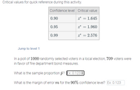 Critical values for quick reference during this activity.
Confidence level Critical value
0.90
z* = 1.645
0.95
z*
1.960
0.99
z* = 2.576
Jump to level 1
In a poll of 1000 randomly selected voters in a local election, 709 voters were
in favor of fire department bond measures.
What is the sample proportion p? Ex: 0.123 3
What is the margin of error m for the 90% confidence level? Ex: 0.123
