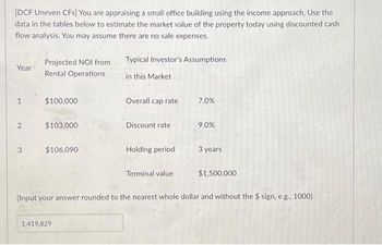 [DCF Uneven CFs] You are appraising a small office building using the income approach. Use the
data in the tables below to estimate the market value of the property today using discounted cash
flow analysis. You may assume there are no sale expenses.
Year
1
2
3
Projected NOI from
Rental Operations
$100,000
$103,000
$106,090
Typical Investor's Assumptions
in this Market
1,419,829
Overall cap rate
Discount rate
Holding period
Terminal value
7.0%
9.0%
3 years
$1,500,000
(Input your answer rounded to the nearest whole dollar and without the $ sign, e.g., 1000)