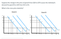 Suppose the change in the price of good A from $20 to $70 causes the individual's
demand for good B to shift from D2 to D1.
What is the cross price elasticity?
Good A
Good B
$140
$140
$90
$90
$70
$70
$20
$20
D,
D,
D,
35 45
35 45
10
70
105
140
10
70
105
140
